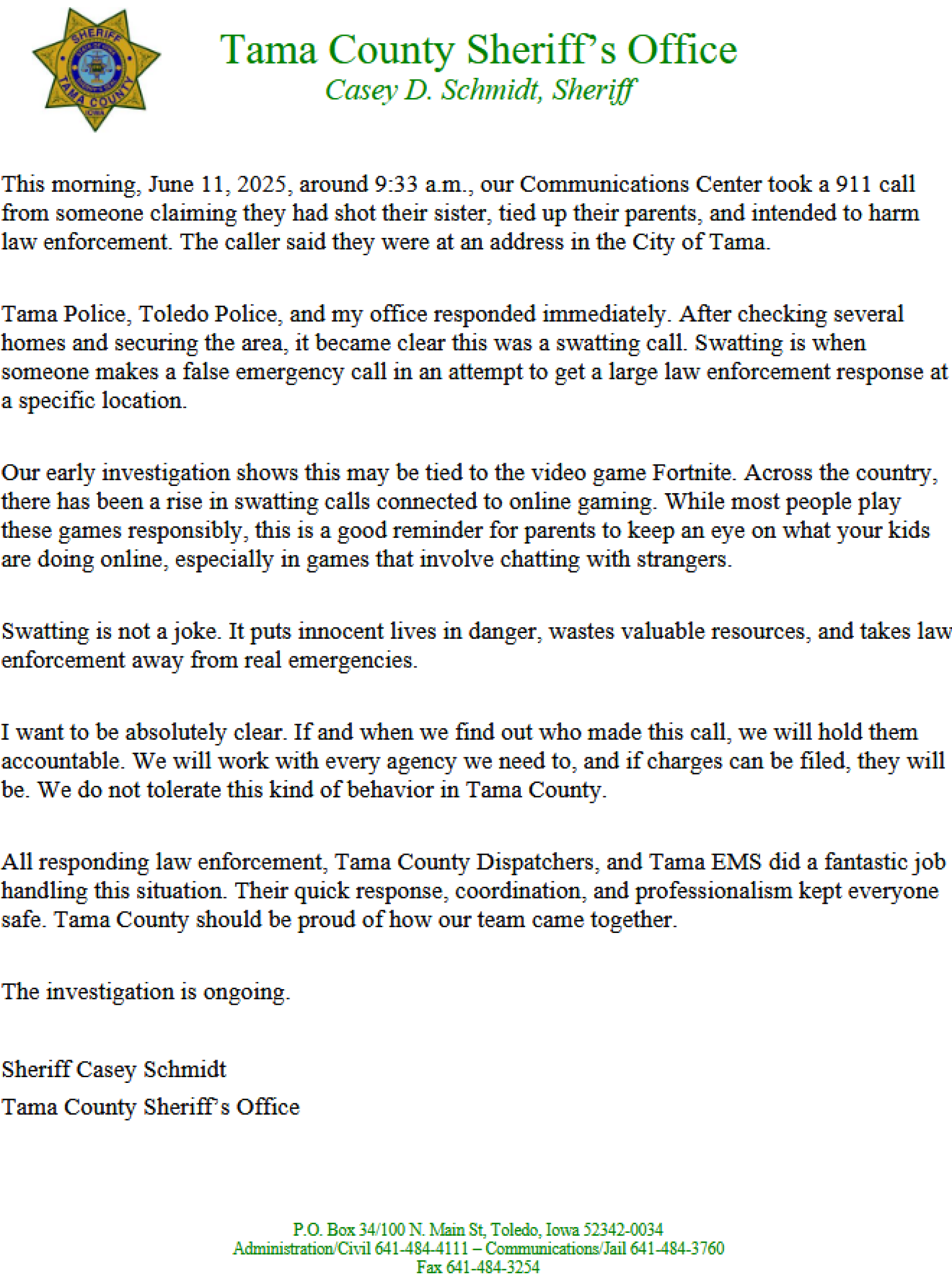 PRESS RELEASE - 6-11-25 INCIDENT 