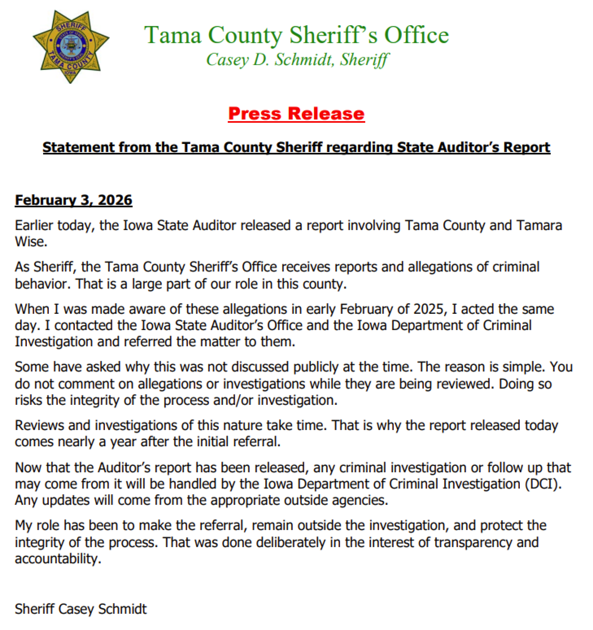 Statement from the Tama County Sheriff regarding State Auditor's Report